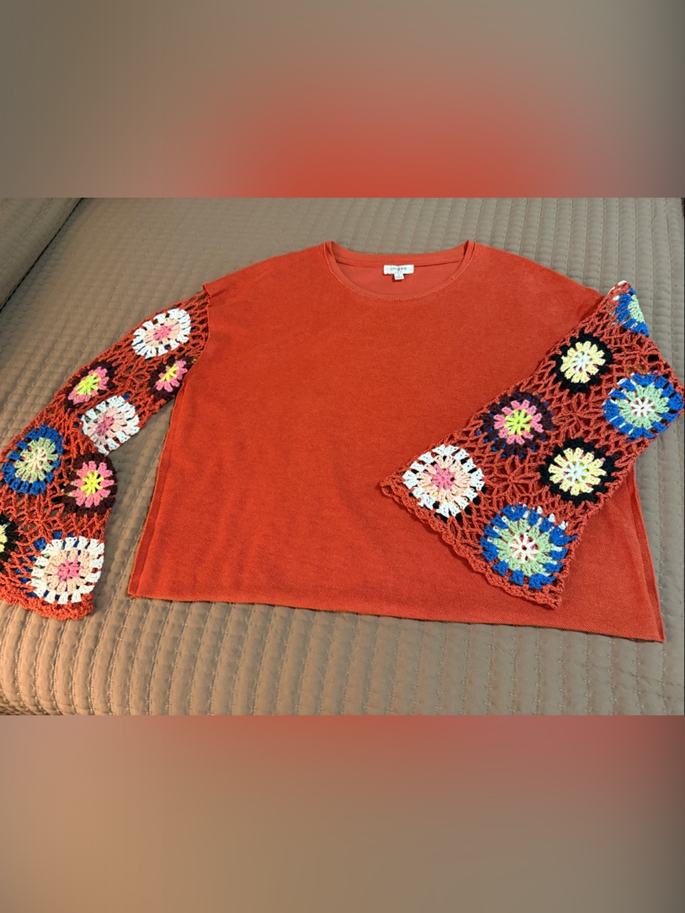 Umgee Rust Orange Crewneck Sweater with Multicolor Crochet Panels